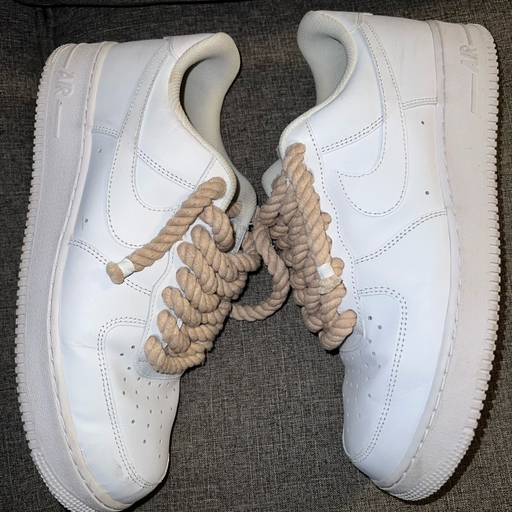 White Nike Air Force One’s Sneakers with Tan Rope Laces